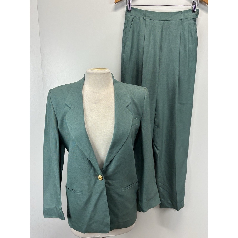 Vtg Talbots 2 Pc Pant Suit Sz 4 Women's Green Linen Blend Blazer 80s Made USA